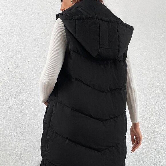 Black Casual Women's Zip Up Slant Pocket Sleeveless Hooded Padded Coat - Picture 2 of 4